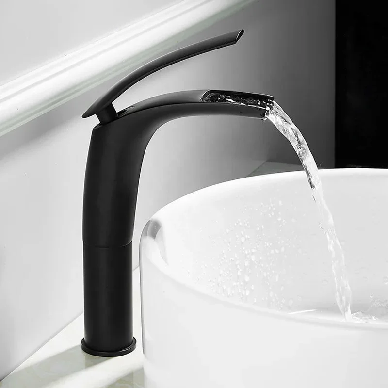 Wholesale Factory Price Brass Matte Black Waterfall Bathroom Sink Faucet Deck Mount Basin Cold Hot Water Tap