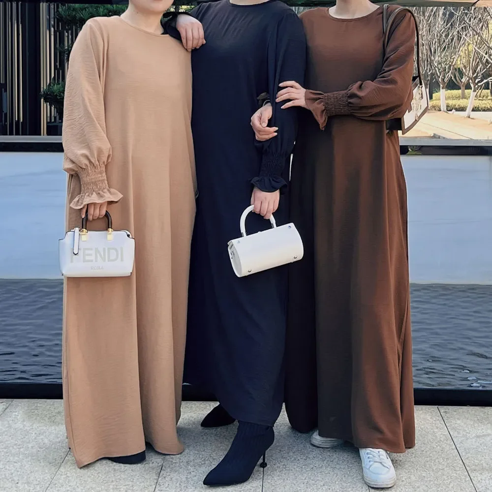 Dresses Under Abaya Inner Long Slip Dress Jazz Crepe Smocked Cuffs Islamic Clothes Muslim Women Dubai Turkey Modest Hijab Robe