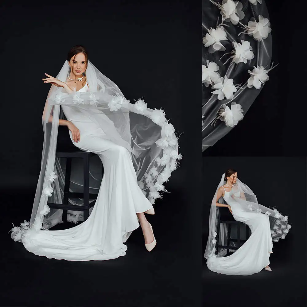 

Stunning Wedding Veils One Layer Soft Tulle Chapel Length Bridal Veils With Comb 3D Flowers Wedding Accessories Custom Made