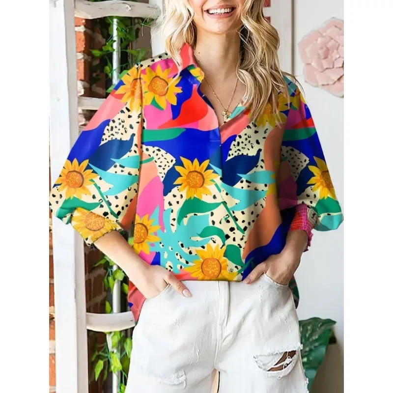 

Плюс размер 1XL-5XL, женская модная однобортная блузка с лацканами и принтом, женская повседневная удобная рубашка с длинными рукавами
