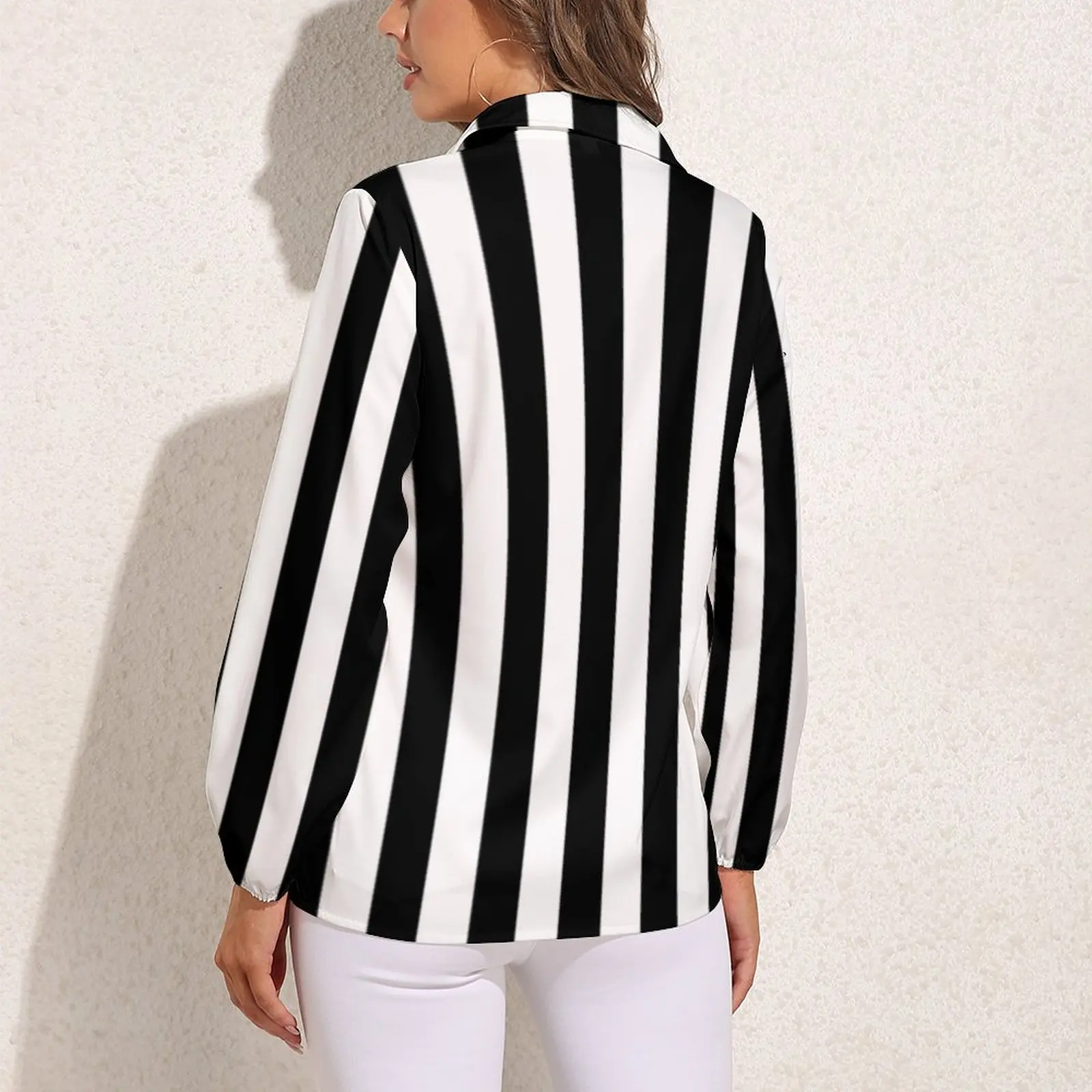 Vintage Striped Print Blouse Long Sleeve Black White Vertical Stripes Trendy Blouses Women Casual Oversized Shirts Top Present