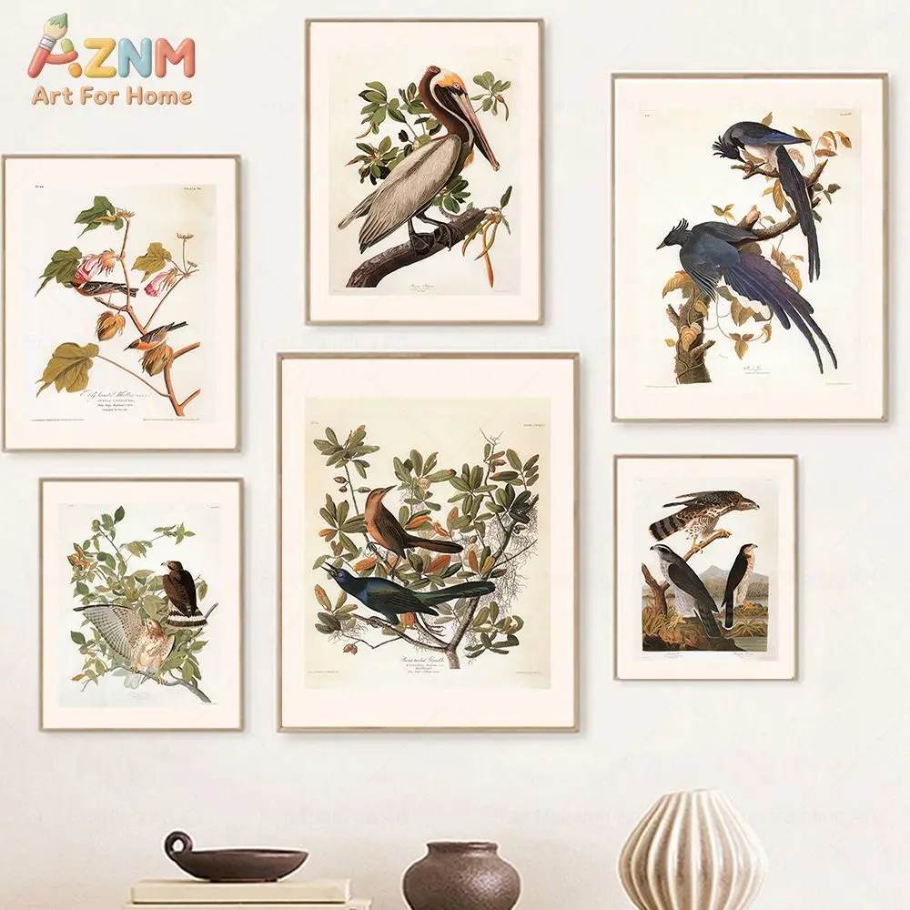 AZNM Vintage Audubon Bird Canvas Wall Art Retro Botanical Wild Birds Leaf Antique Illustration Unframed Print For Farmhouse Livi view 2