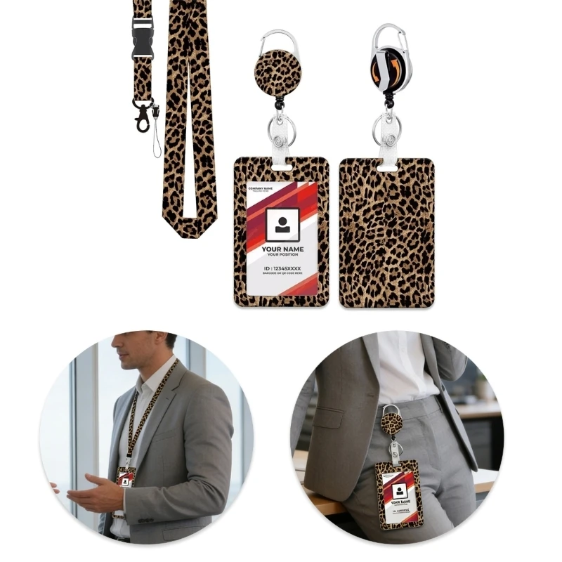  Leopards Card Case with Lanyard Waterproof ABS Card Protector Retractable Badge Holder For Business Meeting and Event
