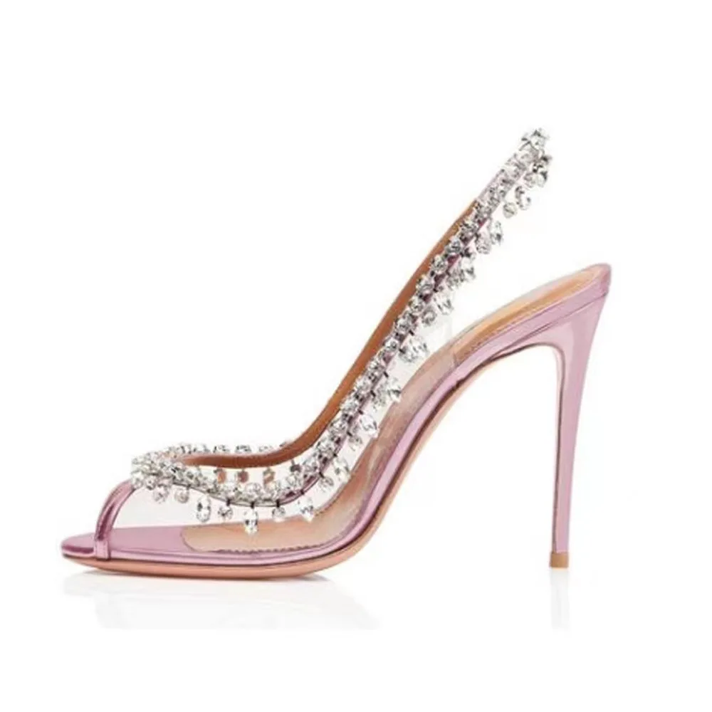 Silver Pink PVC Clear Heeled Sandals Women Pumps Sexy Rhinestones Thin High Heels Shoes Pointed Toes Party Nightclub Sandals