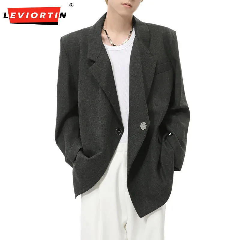 LEVIORTIN Business Casual Men's Blazers Irregular Solid Color Shoulder Pads Single Button Loose Male Suit Jackets Korean Style