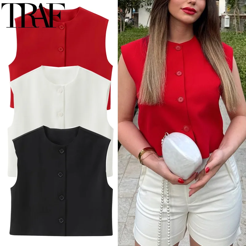 TRAF Women\'s Vests Cropped Red Black Vest Outerwears Fall Casual Sleeveless Vest Woman Short Coats Waistcoat White Suit Vest