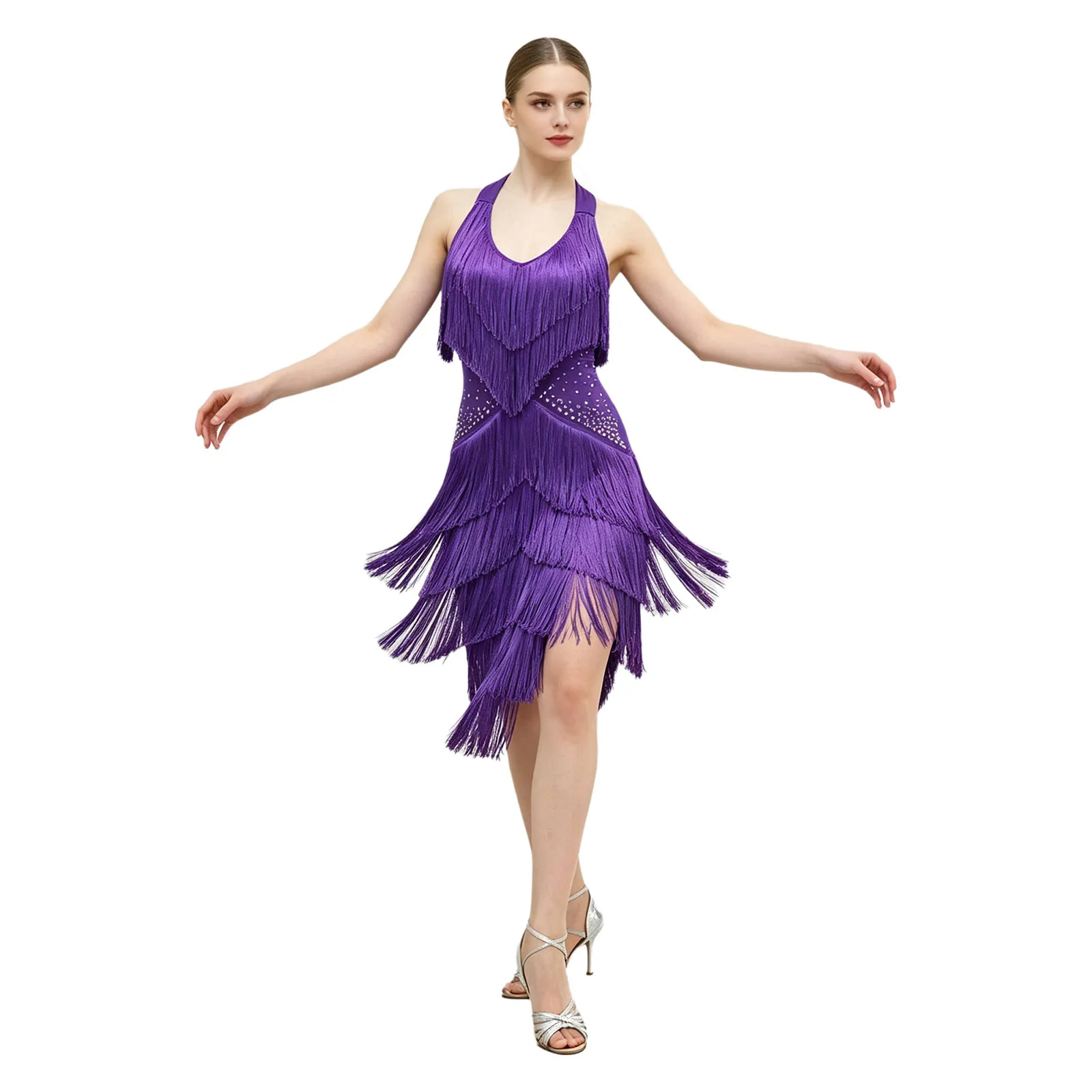 Damen Glitzerndes Strass-Fransen-Latin-Samba-Tanzkleid mit Halter-V-Ausschnitt, Königsblau, Asymmetrischer Quastenrock, Bühnenkostüm – Detail 12