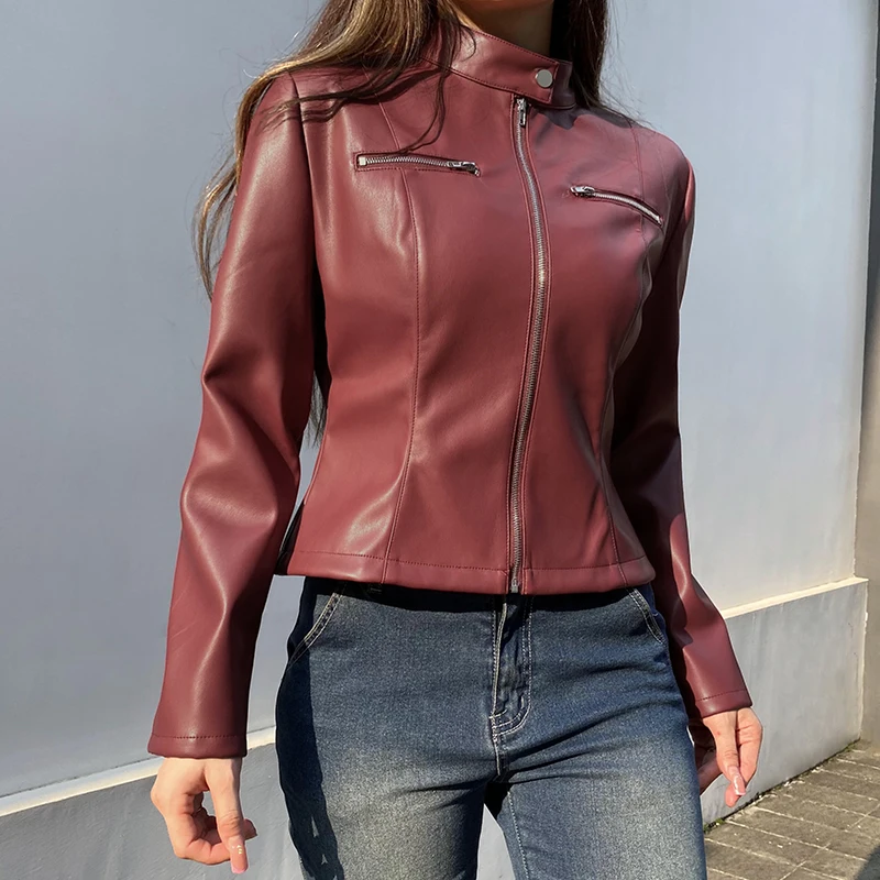 HEYounGIRL Fashion Autumn Faux Leather Jacket Vintage Red Casual Punk Style Zipper Pu Coat Streetwear Ladies Winter Outerwear