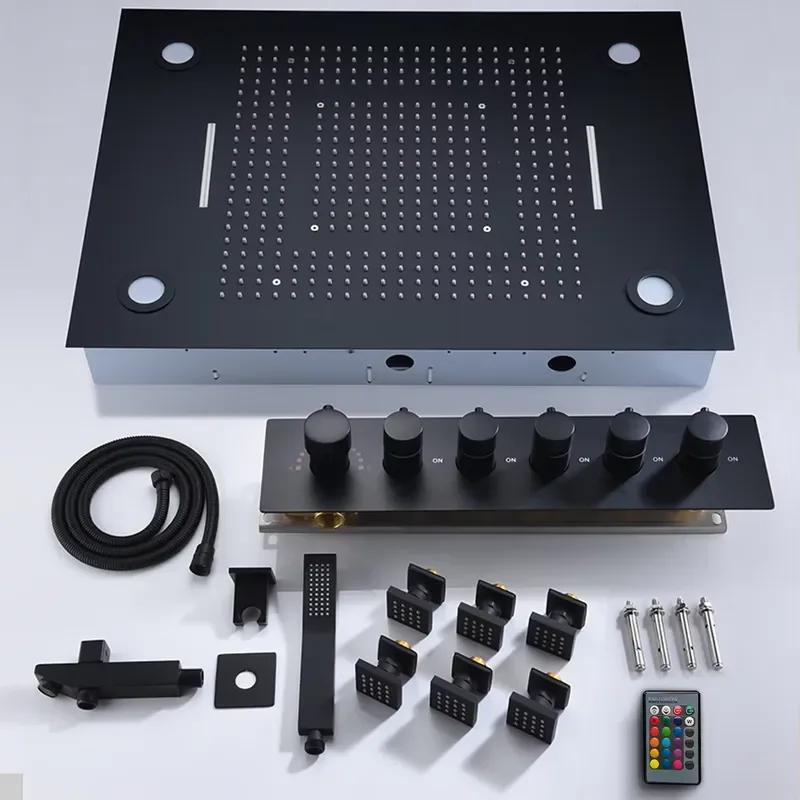 MATTE Black Shower Faucets 31'' Large Rainfall LED Waterfall Massage Shower Set Bathroom Thermostatic 5 Ways Mixer view 6