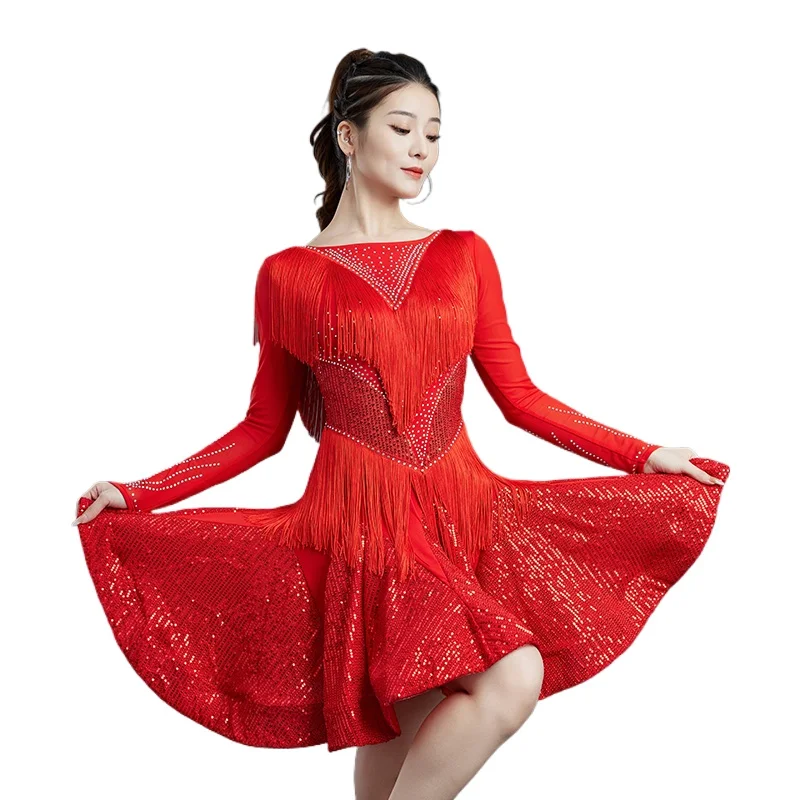 2025 라틴 댄스 드레스 여성의 새로운 볼룸 댄스 전문 경쟁 드레스 그룹 꽃 드레스 7034