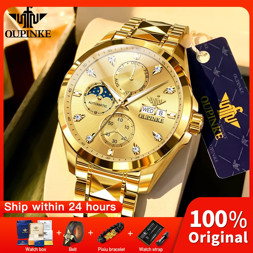 

﻿ OUPINKE 3298, мужские часы, оригинальные брендовые автоматические механические часы ﻿ Многофункциональные часы с хронографом Часы с фазой Луны для меня