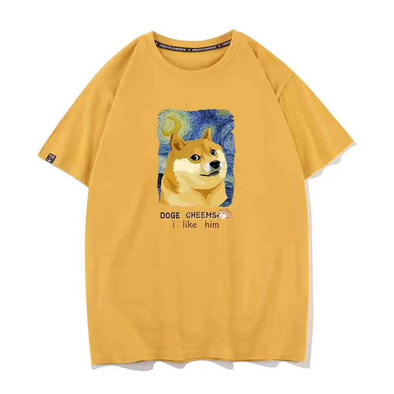 Unisex Loose Base Shirt Waste Wood Starry Sky Cheers Shiba Inu Couple Half Sleeve T-shirt Short Sleeved Base Shirt