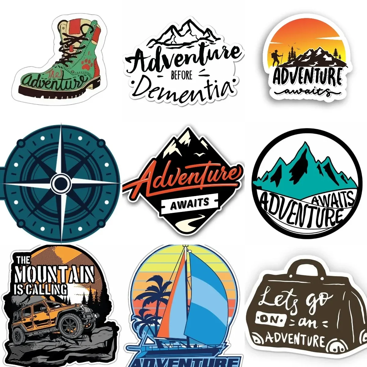 

Adventure Awaits Camping Creative Emblem PVC Waterproof Stickers Accessories for Car Van Bicycle Wall Table Off-road