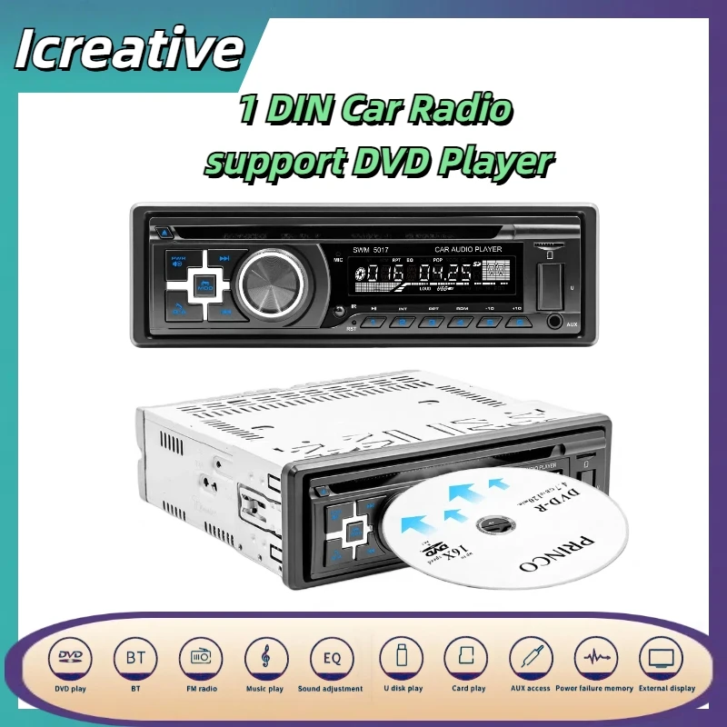 

Car Radio 1Din Universal Mp3 Player Multimedia support DVD CD VCD Music EQ Stereo USB TF Card FM AM Autoradio In Dash AUX Input