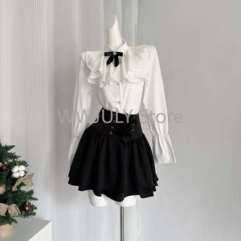 2024 New Preppy Style Skirt Suit Casual White Shirt Tops + High Waist Slim Y2k Mini Skirt Korean Fashion Suit Design Chic