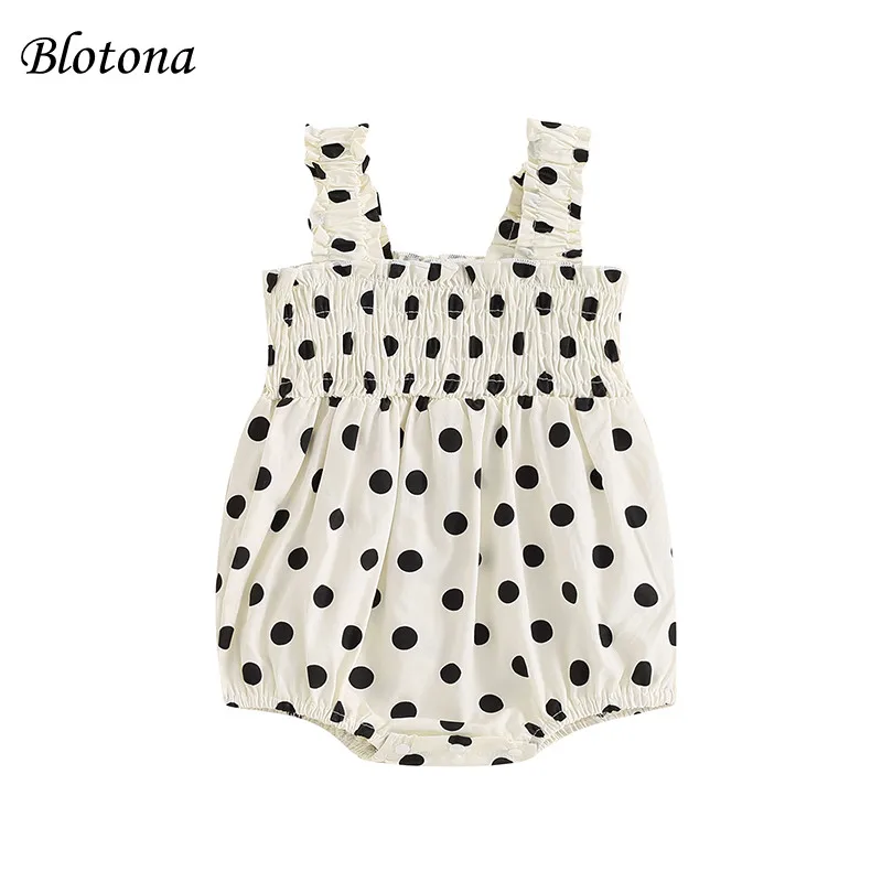 

Blotona Baby Girls Romper, Sleeveless Sling Pleated Dots Print Infant Bodysuit Summer Clothes for Casual Daily 0-3Years