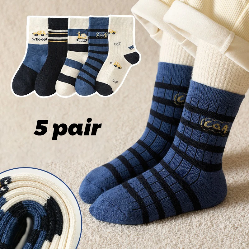 5Pair Boys' Socks Autumn/Winter Cartoon Car Children's Mid Tube Socks Leisure Socks