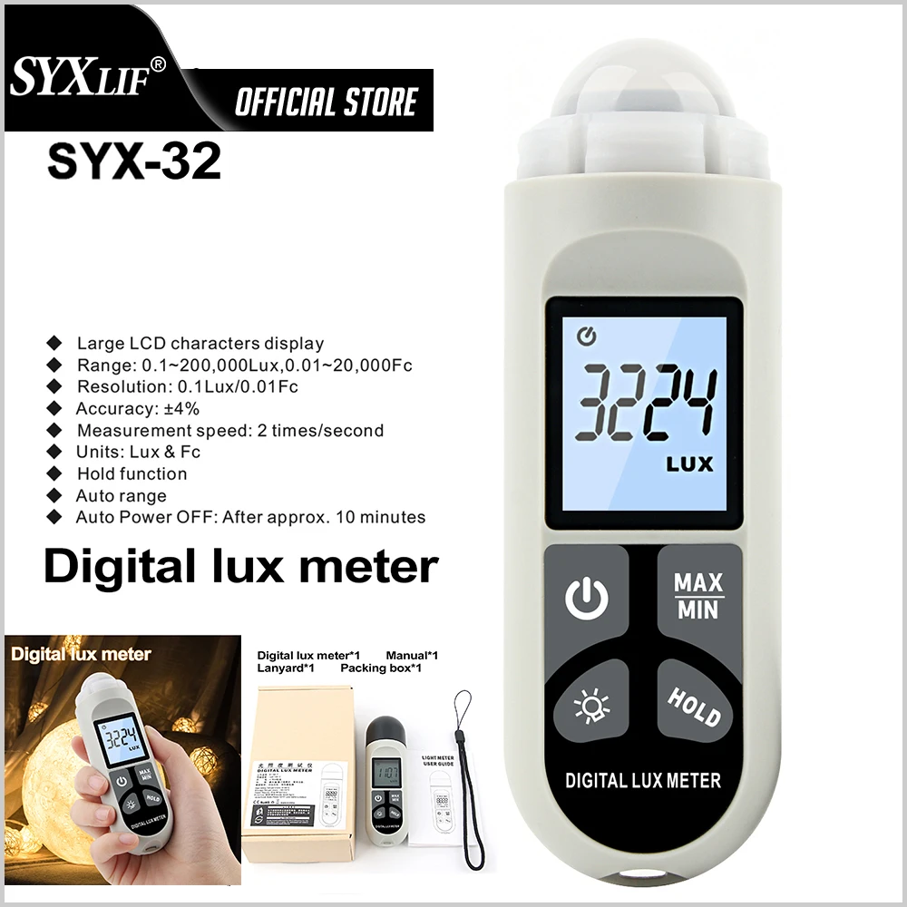 

SYXLIF Digital Lux Meter 0.1-200,000lux LCD Mini Light Meter Lux/FC illuminometer Sensor Photometer Tester Enviromental Testing