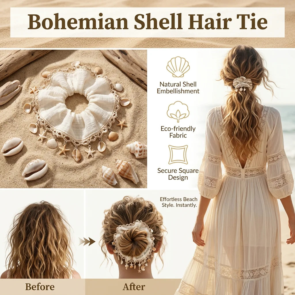 Bohemian Hair Scrunchies Shell Tassel Design for Beach Vacation Music Festival Women's Square Elastic Hairbands Durable Chic view 6