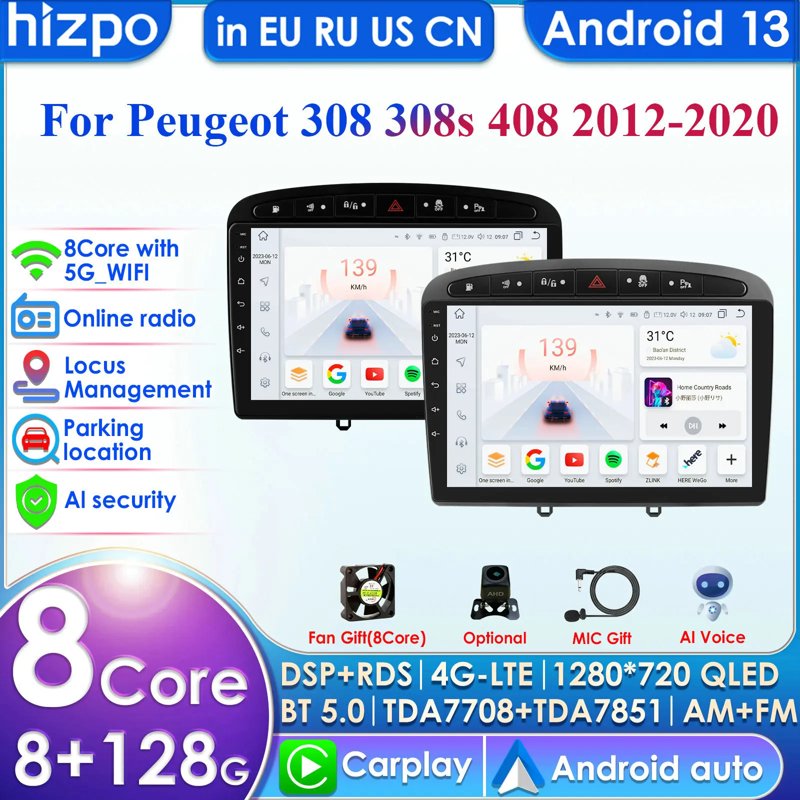 Hizpo 4G 9'' 10.33'' AI Intelligent Systems CarPlay Android Auto Radio for Peugeot 308 308SW 408 2012-2020 Car Multimedia GPS BT