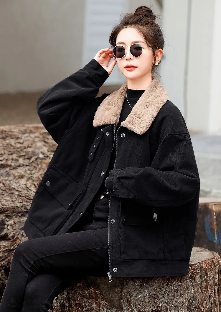

Denim Coat Black Sexy Fur Plush Womens Late Autumn Early Winter Slim-Fit Business Casual Urban Commuting Anti-Odor Quilted Daily
