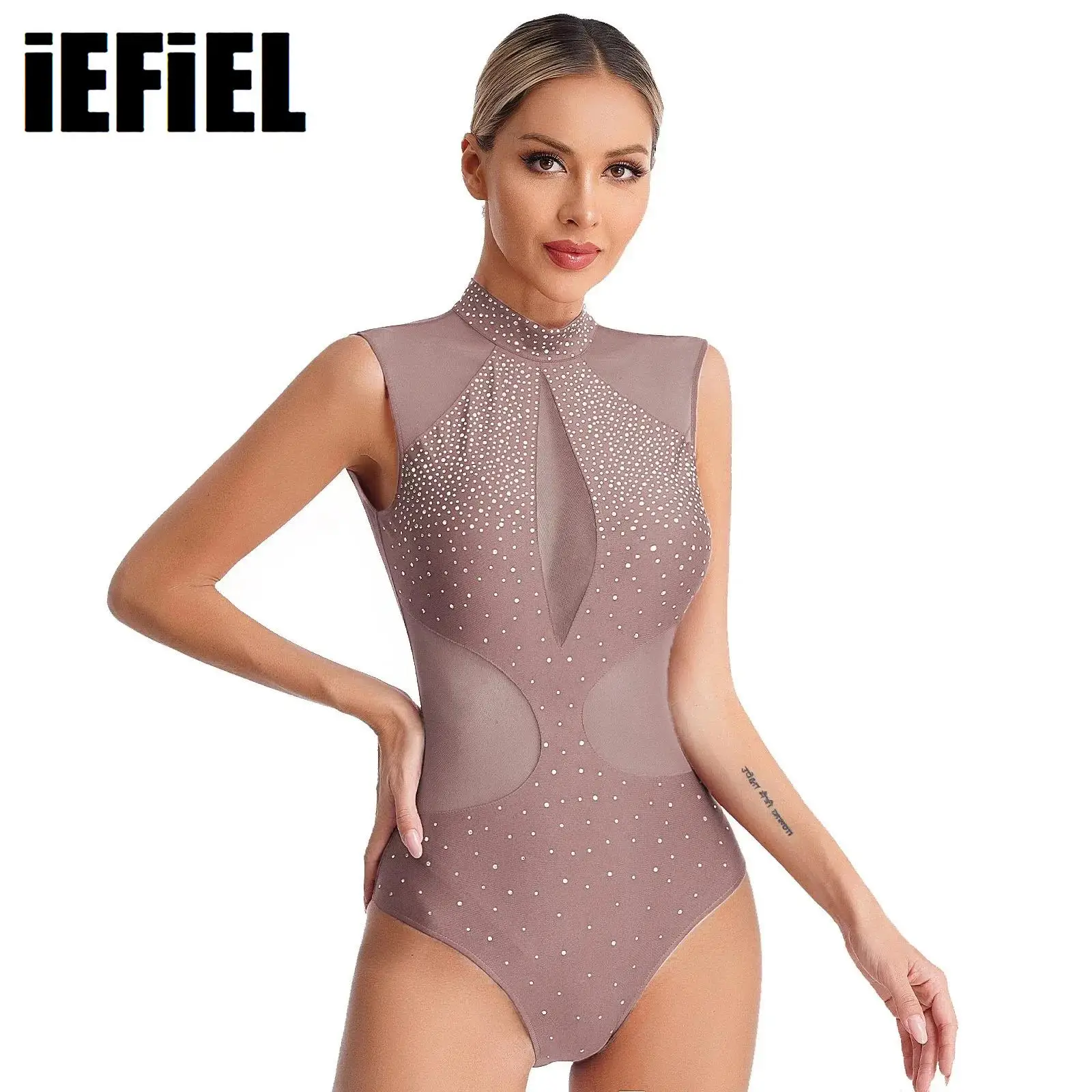 

Womens Figure Skating Leotard Sparkly Rhinestones Sheer Mesh Patchwork Sleeveless Cutout Back Dance Bodysuit for Gymnastics