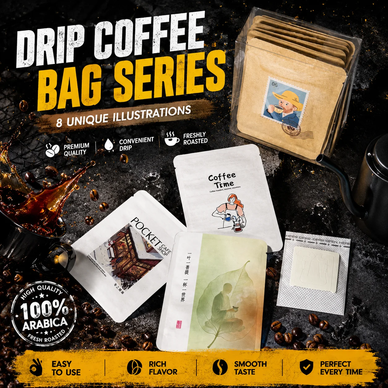 50Pcs/Pack In Stock 4-Layer Thickened Aluminum Foil Plastic Paper Drip Coffee Outer Bags With Hanging Ear Filter Bags Food Grade