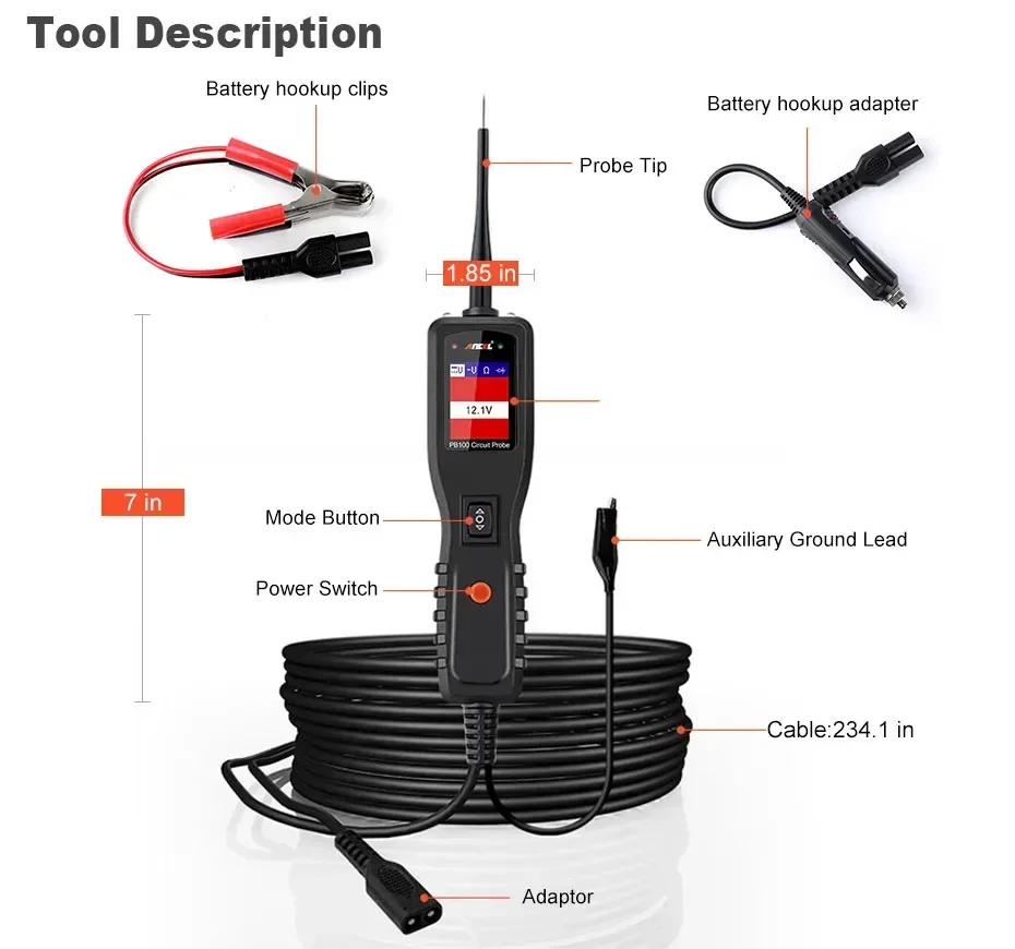 Ancel PB100 Automotive Circuit Tester Inspection Tools Power Circuit Probe Kit 12V 24V Electrical System Mechanical Works Tool