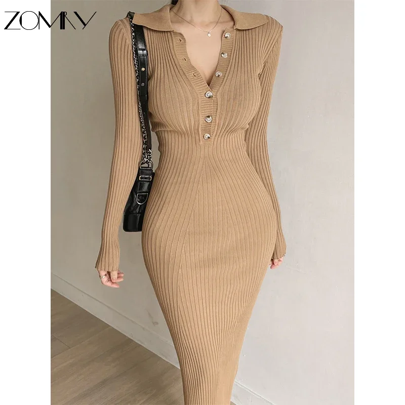 

ZOMRY Korean Chic Solid Color Knitted Dress Slim Bottoming Midi Sweater Robe Spring Autumn Causal Office Lady Party Evening Wear