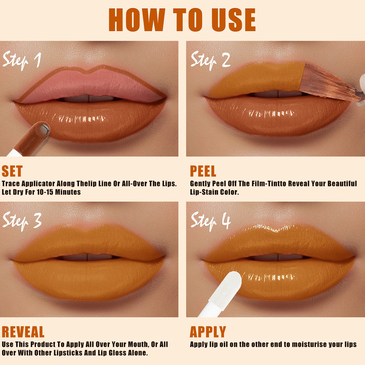 3 w 1: szminka peel-off + błyszczyk + olejek do ust + konturówka do ust, efekt lustra, błyszczący tint do ust, długotrwała szminka