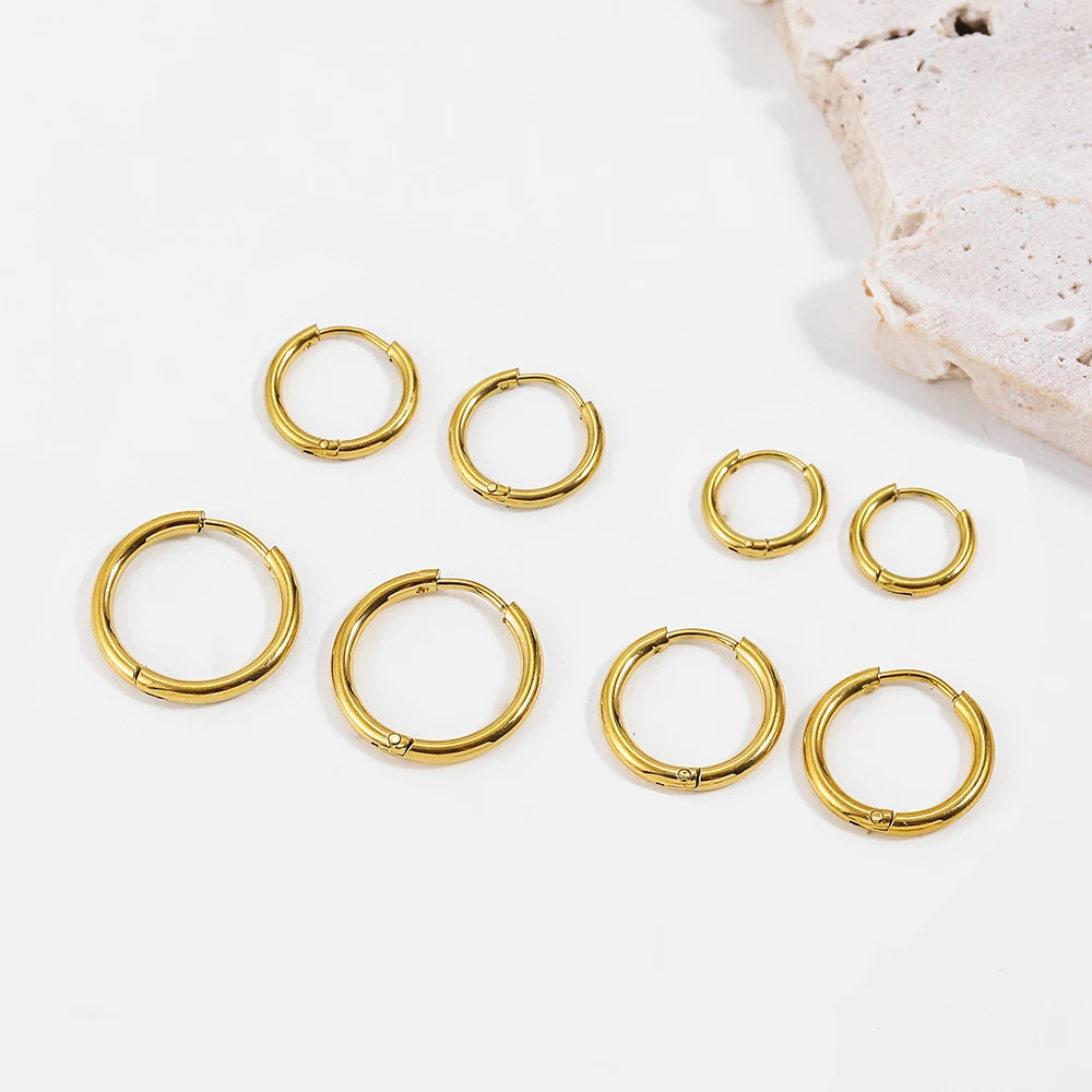 Gold Color 18K Round Circle Stainless Steel Huggies for Women Men Small Solid Ring Hoop Cartilage Piercing Earring 6 Sizes