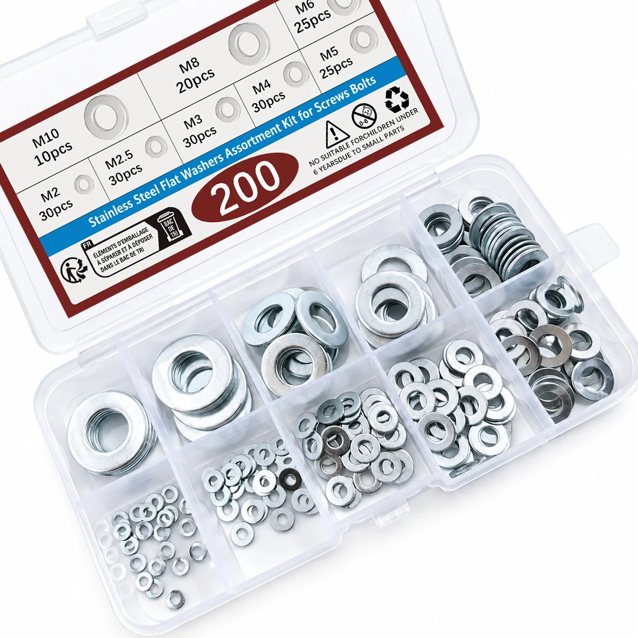 910/200pcs Stainless Steel Flat Washers Assortment Kit, M2-M12 9 Sizes Metric Washers for Bolts, Screws, DIY Home, Factory Repai