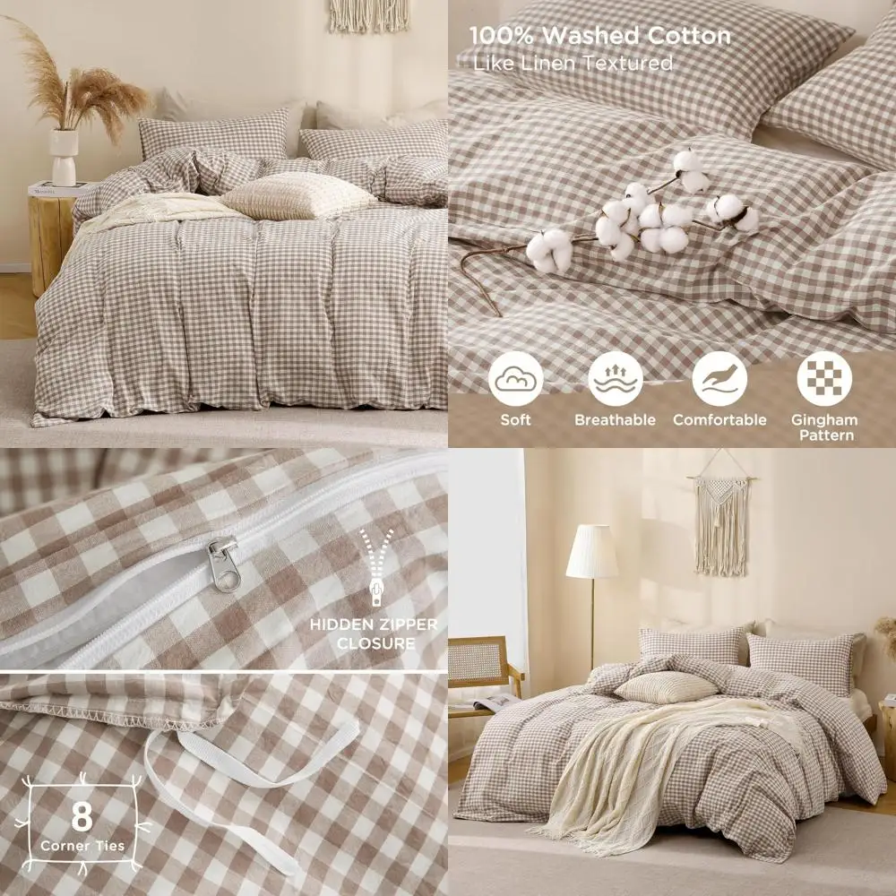 

Винтажный комплект пододеяльников из хлопка в клетку — супермягкий льняной комплект, 100% стираный хлопок, удобное постельное белье из двух предметов коричневого цвета