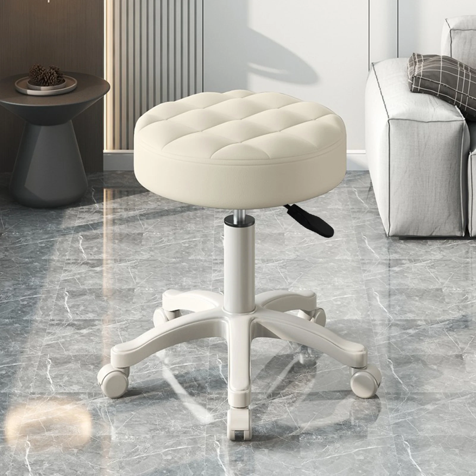 

Rolling Round Stool With 5 Swivel Casters 360° Rotation Faux Leather Soft Cushion Height Adjustable Round Stool Bar Salon Office