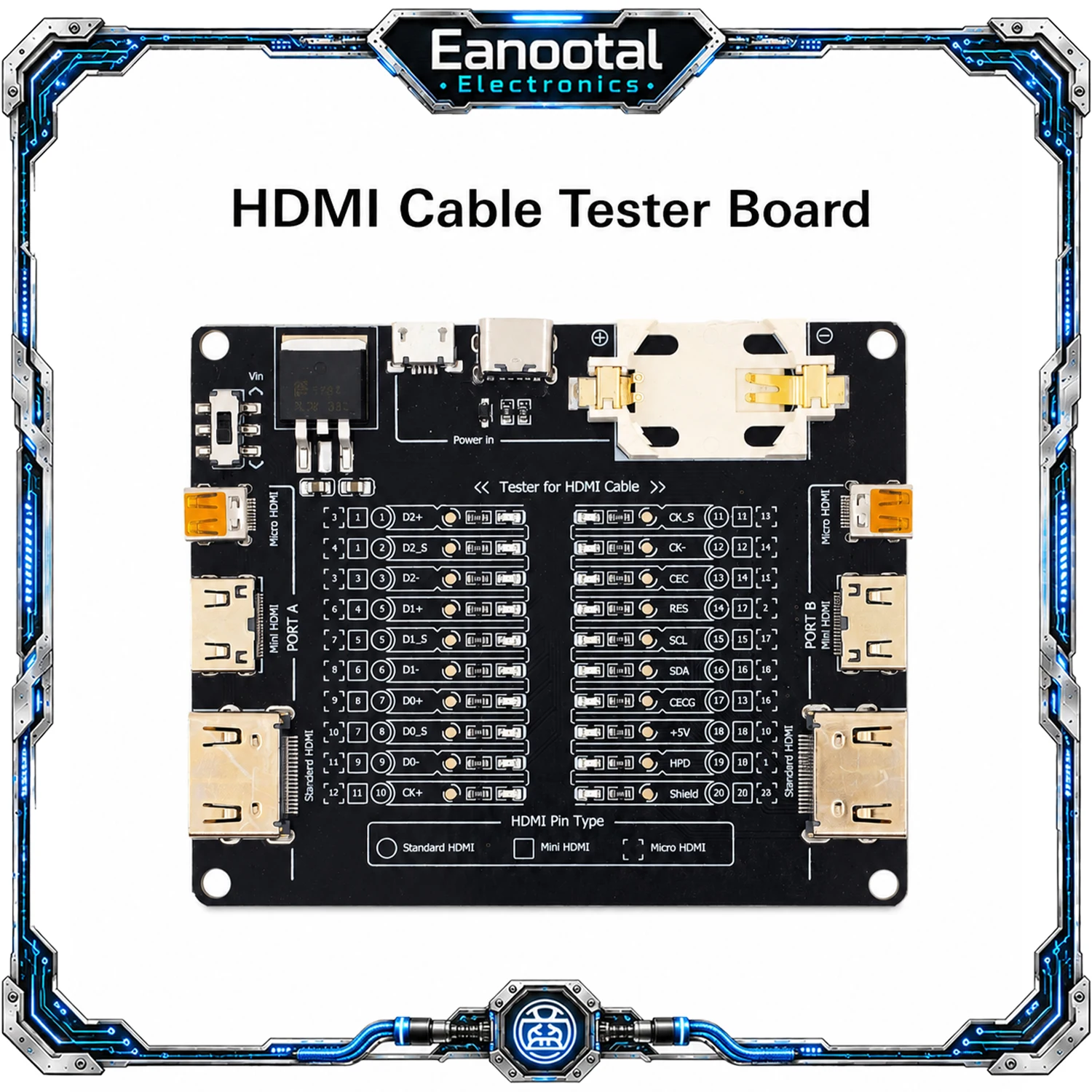 HDMI Cable Tester Board Data Wire Checker with Acrylic Case LED Indicator for HDMI Pin Type Standard/Mini/Micro HDMI Cables Test