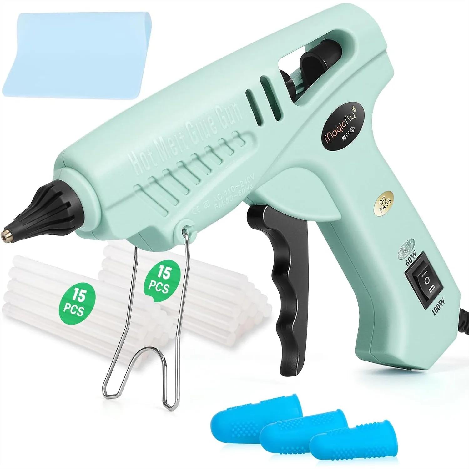 

Full Size Hot Glue Gun 60/100W Dual Power with 30 Glue Sticks, Finger Caps, Mat for Arts Crafts Household