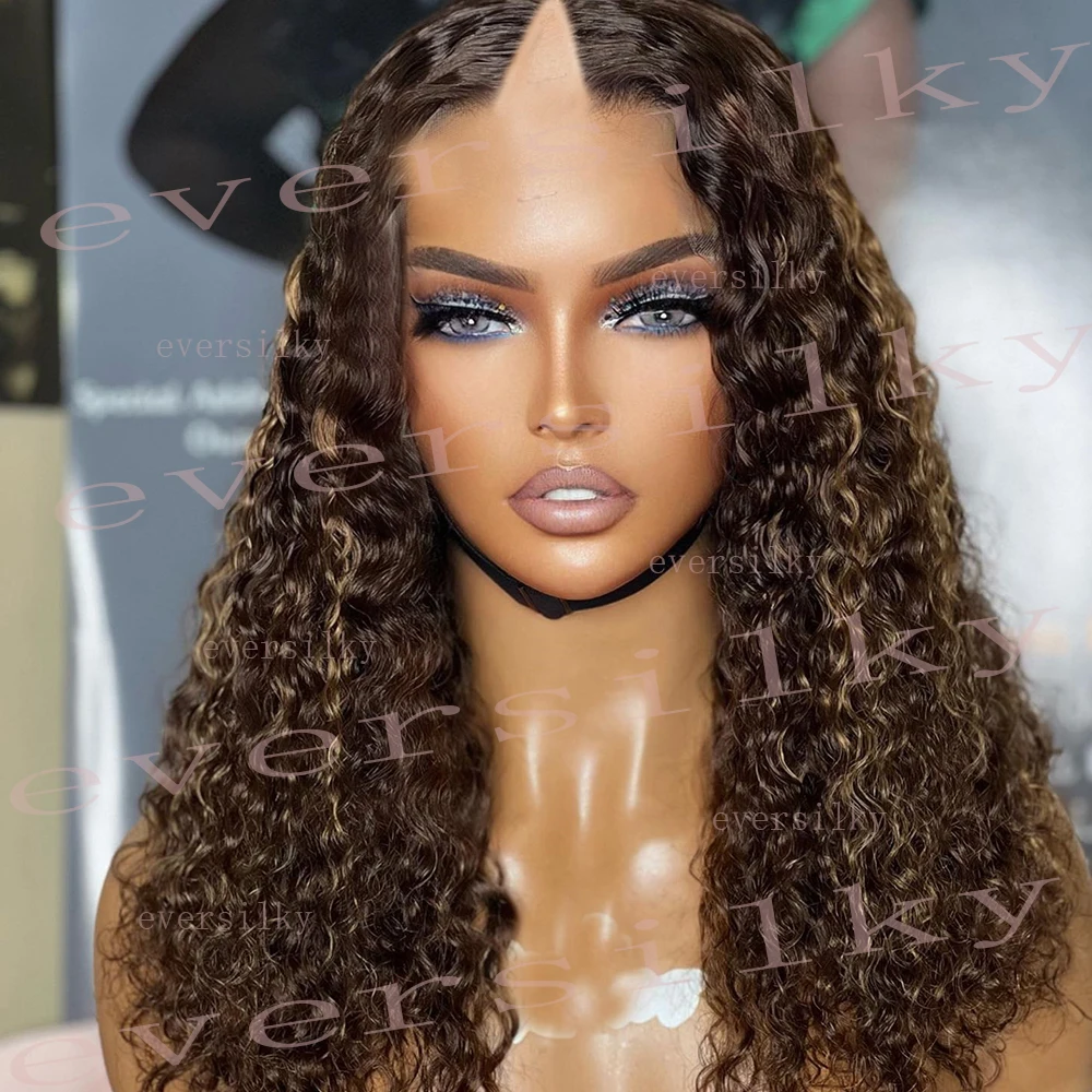 

Highlight Honey Blonde Loose Water Wave V Part Wig 100% Human Hair Deep Curly Wave Ash Golden Chocolate Brown Full U Shape Wigs