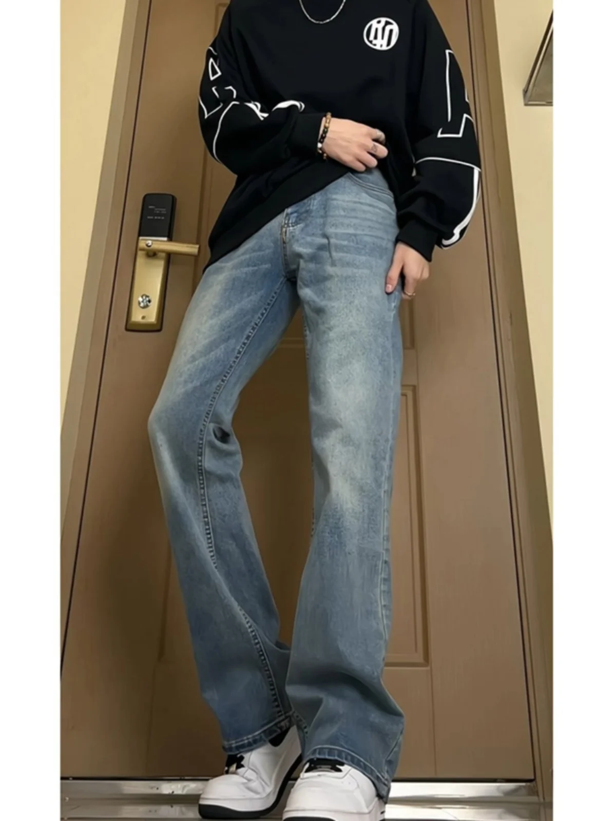 

American Retro Cleanfit Slim Fit Jeans High Street Trend Light Blue Men's Spring Straight Leg Micro Flared Pants