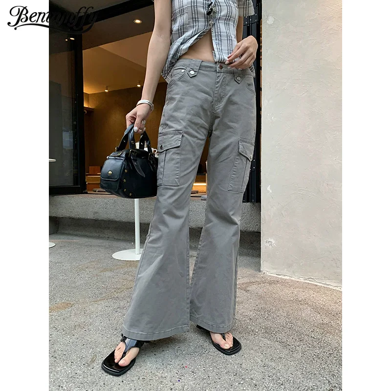 

Benuynffy American Street Zipper Fly Flared Jeans Women 2026 Spring Summer New Y2k Solid Color Low Waist Cargo Pants Female