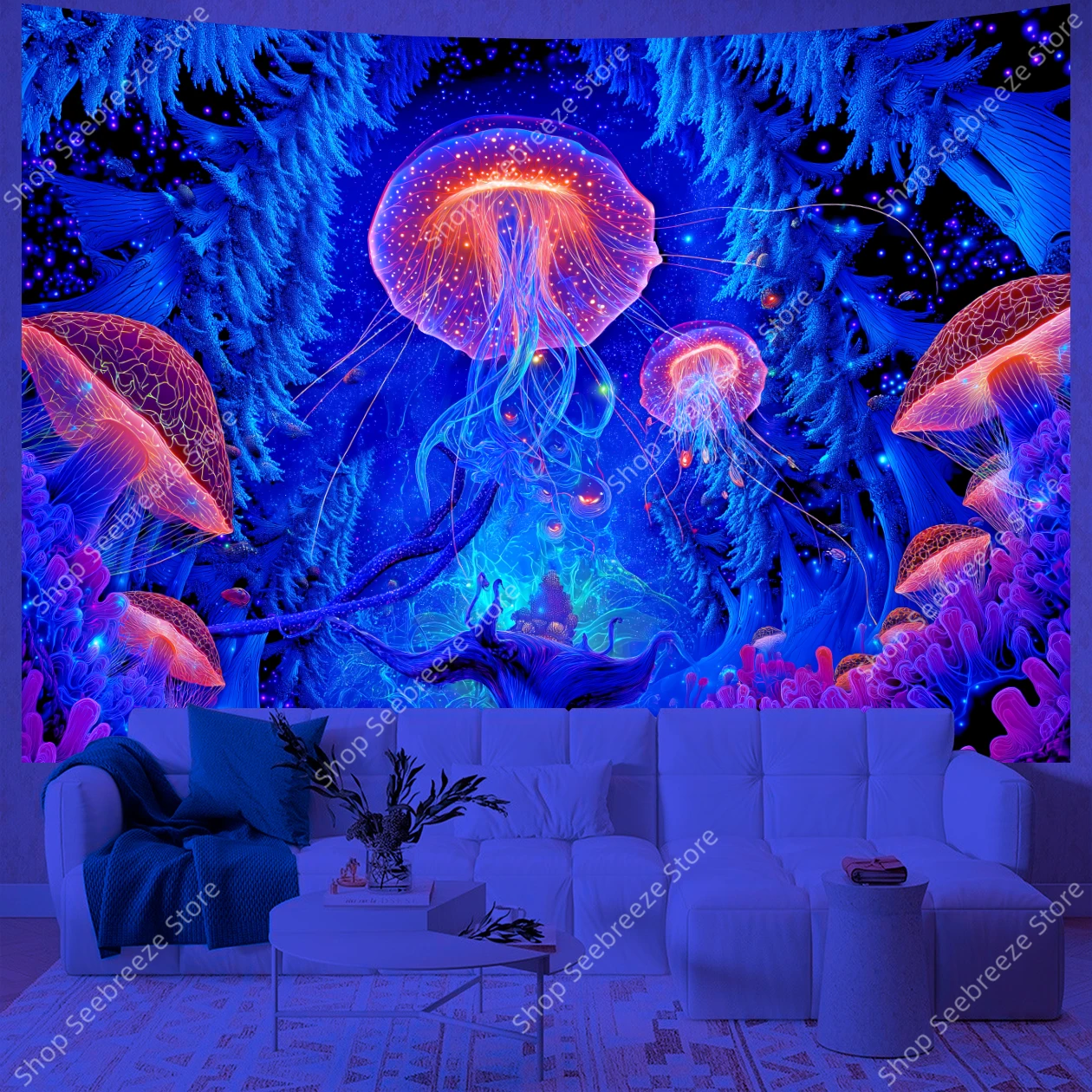 متوهجة قنديل البحر بوذا التأمل الأشعة فوق البنفسجية نسيج مع لوتس والمرجان باطني اليوغا غرفة نوم ديكور بوهو جدار الشنق الفن