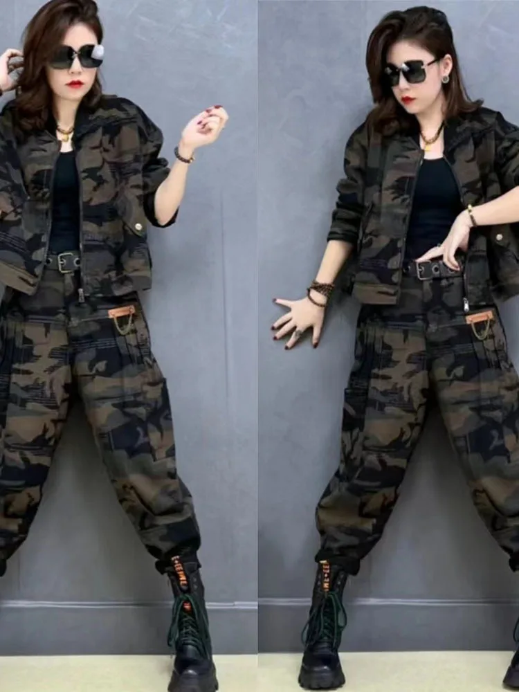 Personalized Trendy Denim Fashion Matching Set Women 2024 Spring Autumn Hooded Long Sleeved Jacket + Harem Pants camouflage