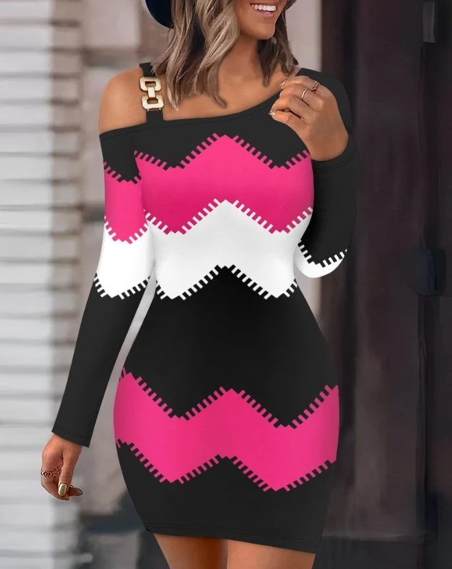 

Elegant and Pretty Women's Dresses 2023 Autumn New Fashion Sexy Colorblock Chevron Print Cold Shoulder Bodycon Female Dress