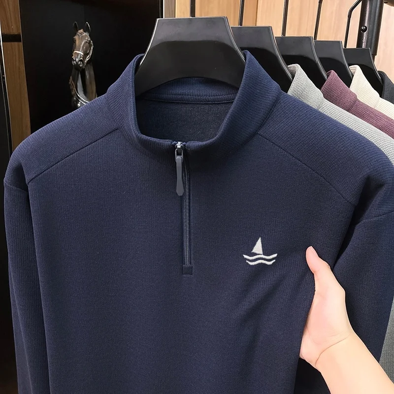 Spring Autumn men's luxury brand exquisite sailboat embroidery long sleeved starry velvet wool silk hoodie soft casual T-shirt