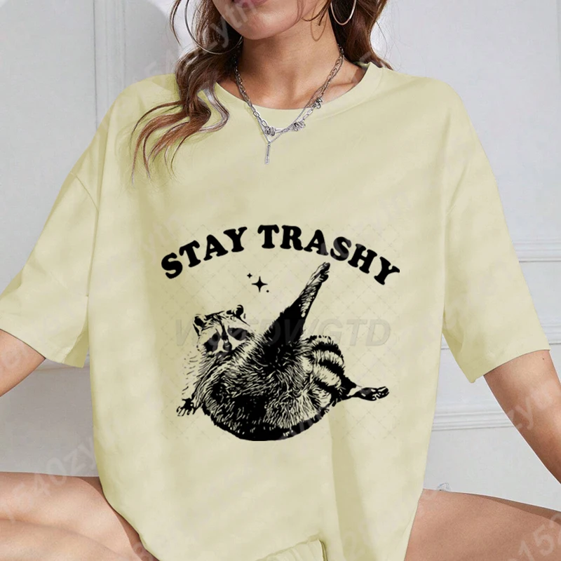 Cute Racoon Stay Trashy Print T-Shirts, Women Short Sleeve Pure Color Tees, Funny Round Neck Oversized Tee Shirt