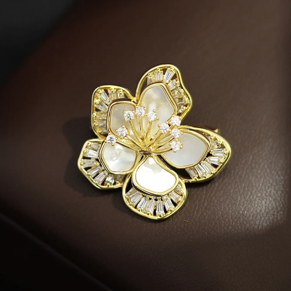 Chinese Style Natural Mother Of Pearl Cherry Blossom Brooch Golden Double Layer Petal Zircon Inlaid Lucky Auspicious For Women