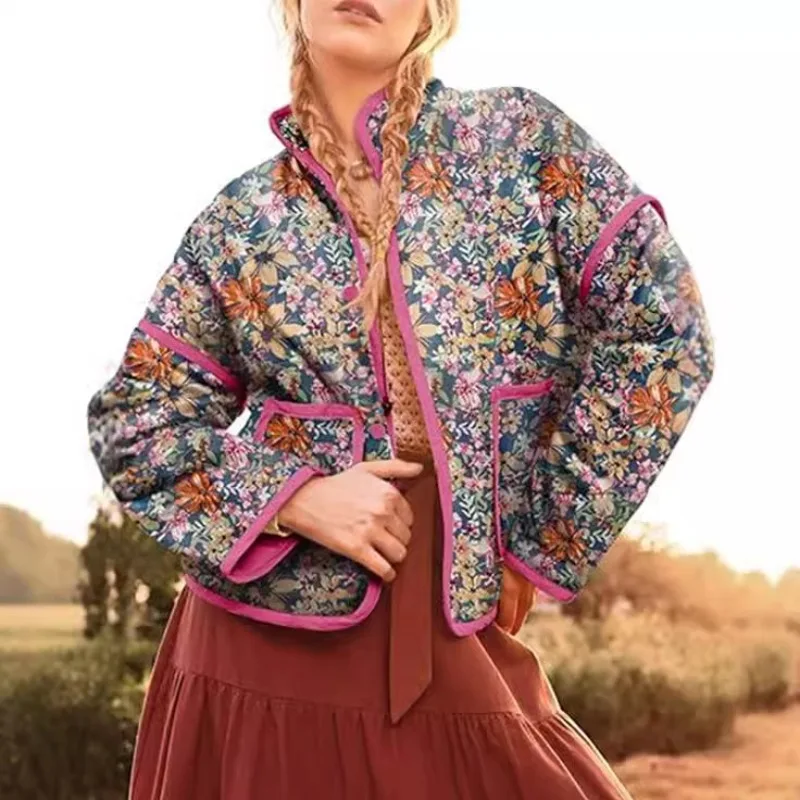 2025 بوهو الأزهار شيك مبطن معاطف السترة زهرة فضفاضة جيب الخريف ملابس علوية بأكمام طويلة للربيع الوردي النساء السيدات الشارع الشهير جديد