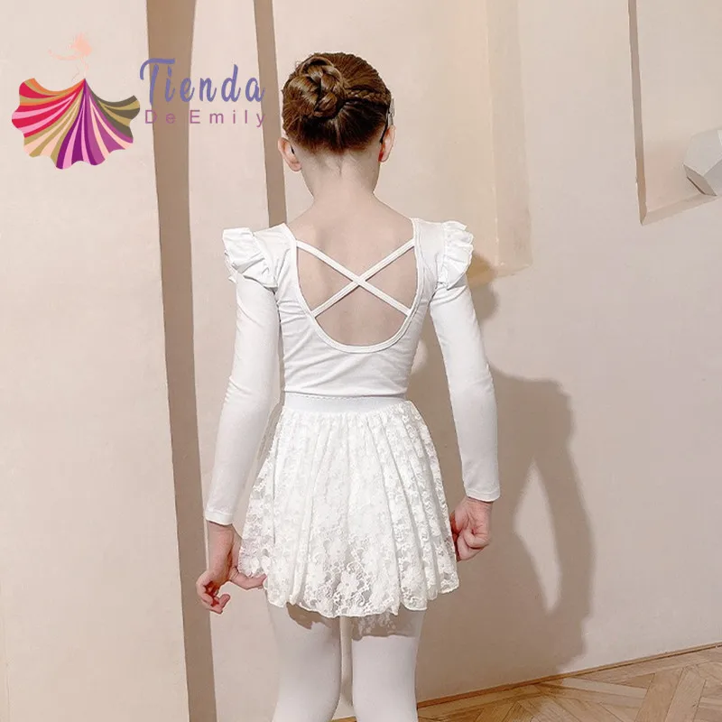 หญิงบัลเล่ต์ Tutu Leotard Criss ข้ามสายกลับกระพือปลอกแขนแบบมีระบาย Ballerina ชุดชุดเดรสเต้นรำสำหรับเด็กวัยหัดเดินยิมนาสติก Swan