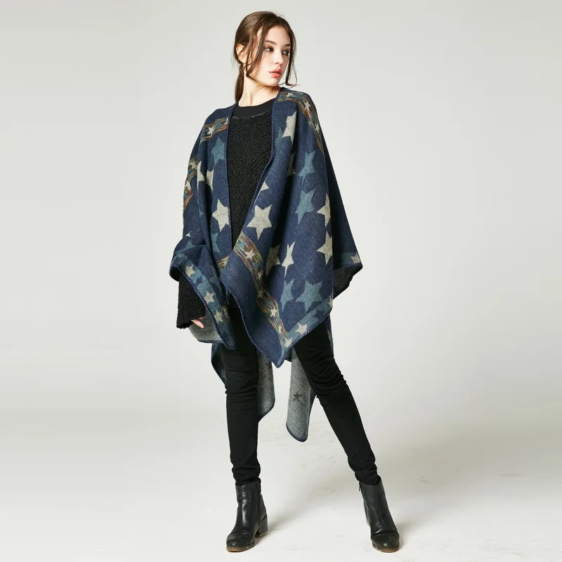 New European American Women's Star Color Bar Imitation Cashmere Shawl Extra Long Thickened Foreign Trade Cape Ponchos Red