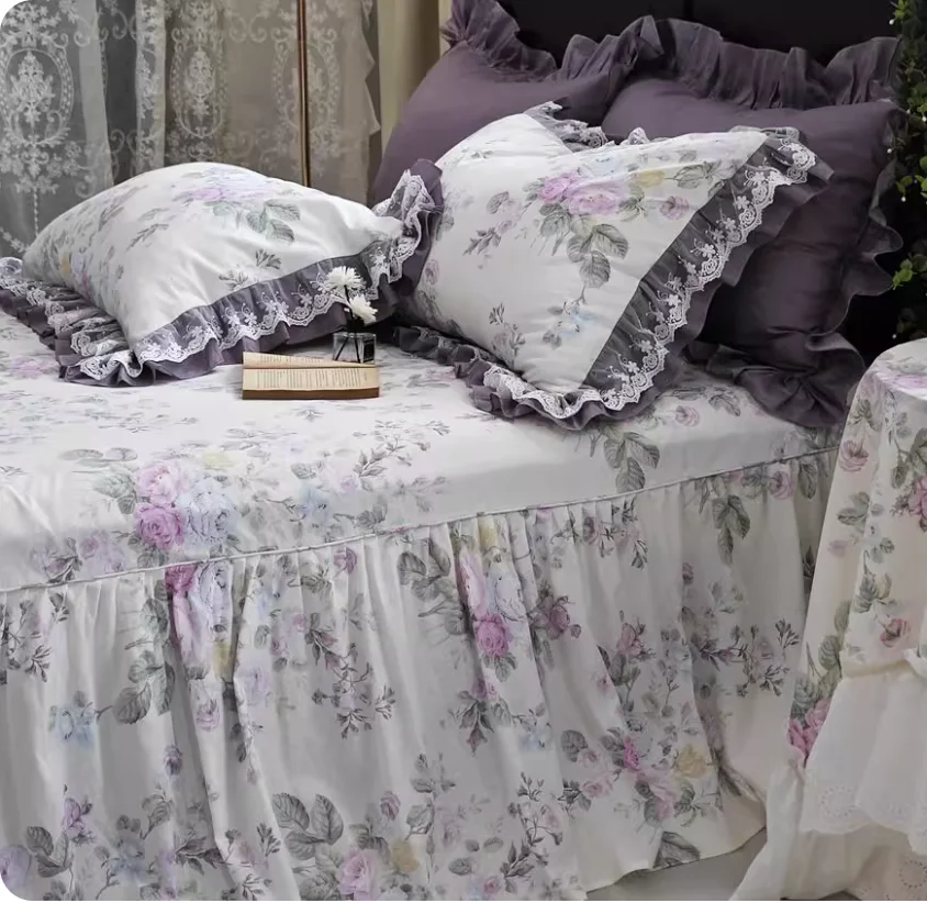

Romantic Garden Flower Bed Skirt Rose Princess Style Bed Coverlet Queen Bedspread 100% Cotton Cloth Bed Sheet with Skirt