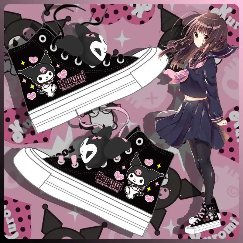 2022 Kuromi Canvas Shoes Women Sneakers Comfortable High-top Shoes Cartoon Fashion Girls Flat Casual Lace-up Sports Shoes Gifts